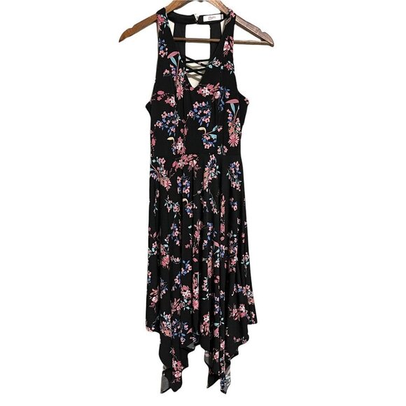 Candies Women's Black Floral Cage Neck Handkerchief Hem Sleeveless Dress Small - Picture 1 of 9